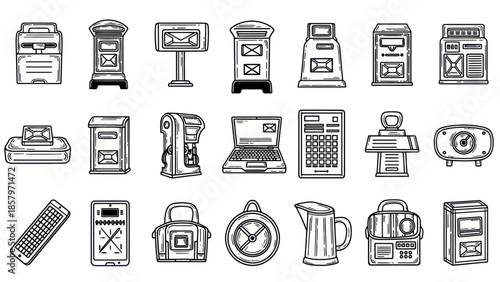 Collection of mailboxes and digital devices icons in black and white