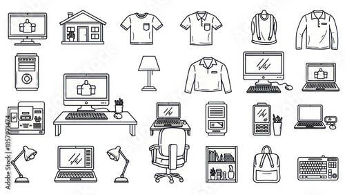 Collection of office and business related line art icons in a clean style