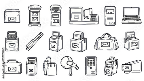 Collection of mailboxes and postal service related items illustration
