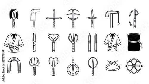 Collection of martial arts weapons and attire displayed in detailed monochrome illustrations