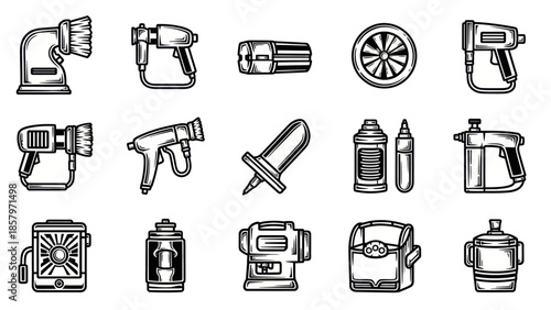 Collection of industrial tools and equipment in monochrome vector style