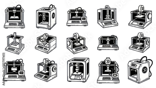 Collection of monochrome 3 d printers representing modern technology