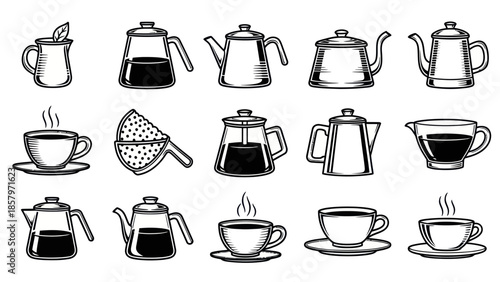 Collection of teapots and cups in monochrome style for design assets