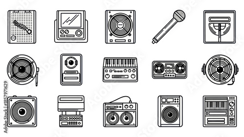 Collection of musical equipment line art illustrations for audio and music production