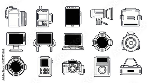 Collection of technology and electronic device icons in monochrome style