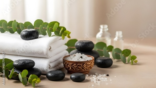 Spa setup with towels, stones, eucalyptus, salt, and relaxation bottles. Ideal for wellness, beauty, spa, relaxation, health concepts.