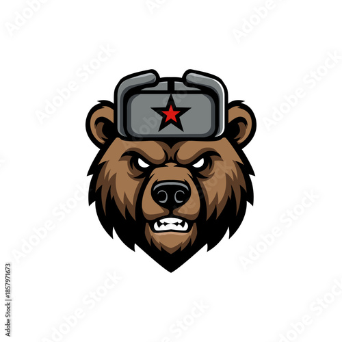 Aggressive bear mascot head, growling, wearing a Soviet/Russian ushanka hat with a star. Black and white vector logo for gaming, eSports, or sport team design.