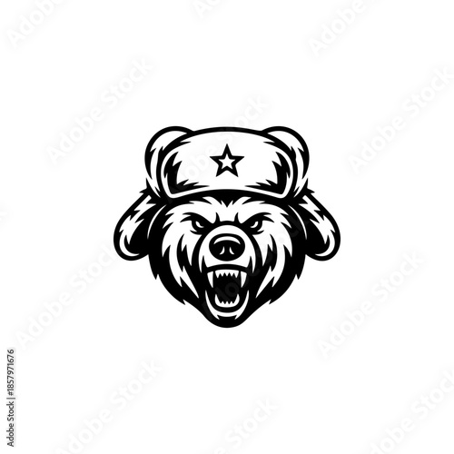 Aggressive bear mascot head, growling, wearing a Soviet/Russian ushanka hat with a star. Black and white vector logo for gaming, eSports, or sport team design.
