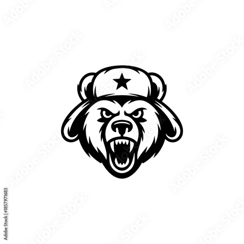 Aggressive bear mascot head, growling, wearing a Soviet/Russian ushanka hat with a star. Black and white vector logo for gaming, eSports, or sport team design.