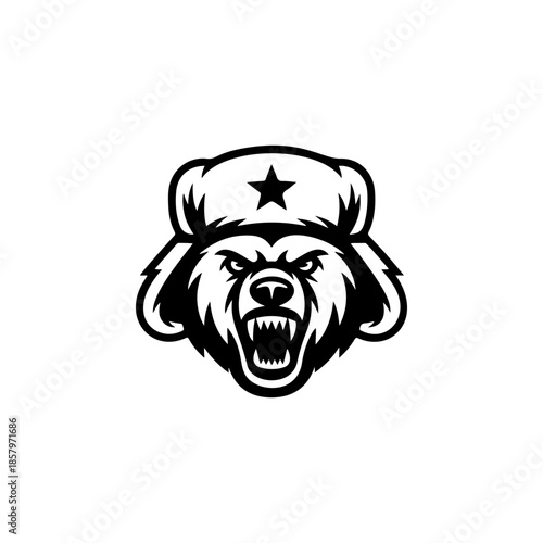Aggressive bear mascot head, growling, wearing a Soviet/Russian ushanka hat with a star. Black and white vector logo for gaming, eSports, or sport team design.
