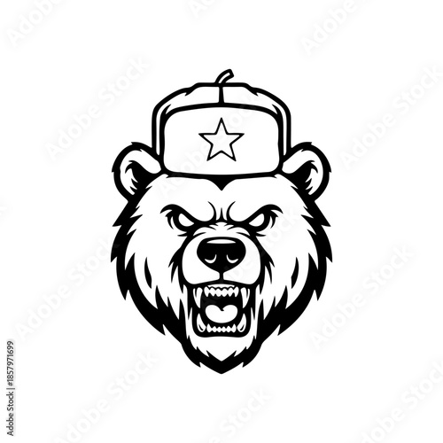 Aggressive bear mascot head, growling, wearing a Soviet/Russian ushanka hat with a star. Black and white vector logo for gaming, eSports, or sport team design.