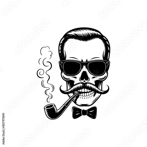 Dapper gentleman skull mascot vector, featuring a smoking pipe, sunglasses, mustache, and a bowtie. Monochrome hipster logo for retro style, bar, tobacco, or apparel design.