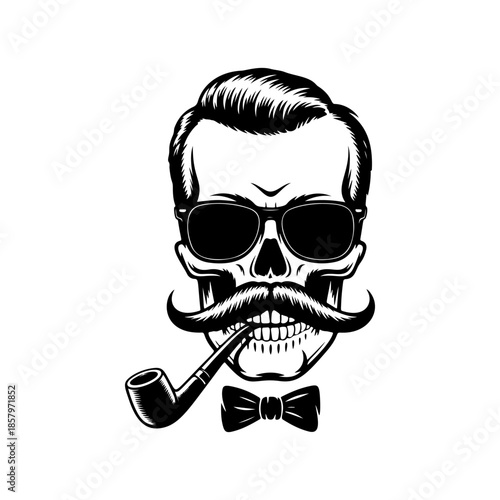 Dapper gentleman skull mascot vector, featuring a smoking pipe, sunglasses, mustache, and a bowtie. Monochrome hipster logo for retro style, bar, tobacco, or apparel design.