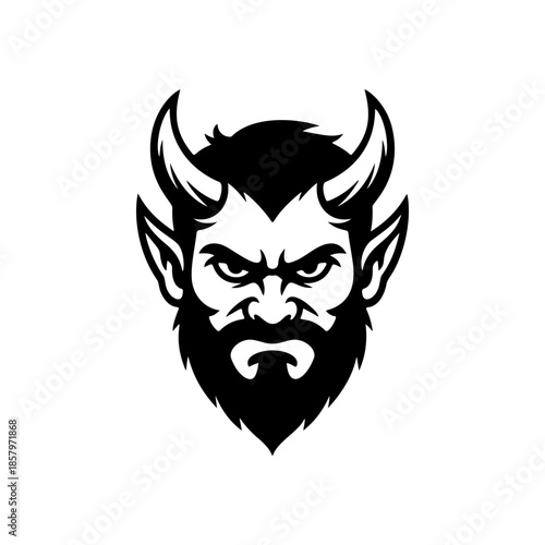 Furious demon monster head vector with beard and horns. Aggressive monochromatic design for gaming, eSports mascot, fantasy illustration, or heavy metal band logo.