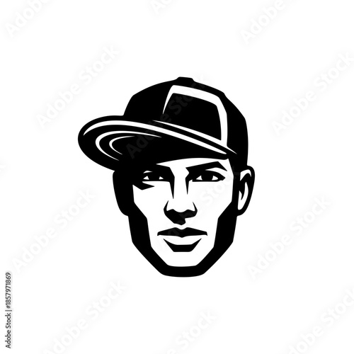 Stylish man head vector wearing a baseball cap tilted to the side. Monochromatic logo design for urban culture, hip-hop, sport, streetwear, or eSports team branding.