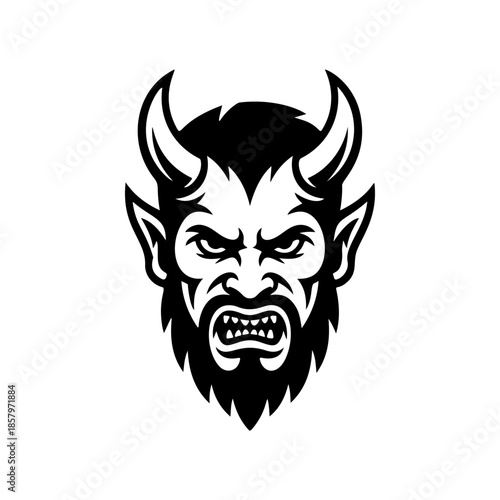 Furious demon monster head vector with beard and horns. Aggressive monochromatic design for gaming, eSports mascot, fantasy illustration, or heavy metal band logo.