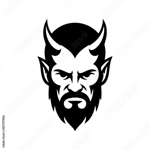 Furious demon monster head vector with beard and horns. Aggressive monochromatic design for gaming, eSports mascot, fantasy illustration, or heavy metal band logo.