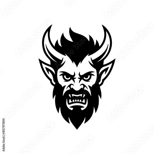 Furious demon monster head vector with beard and horns. Aggressive monochromatic design for gaming, eSports mascot, fantasy illustration, or heavy metal band logo.