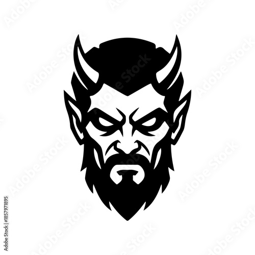 Furious demon monster head vector with beard and horns. Aggressive monochromatic design for gaming, eSports mascot, fantasy illustration, or heavy metal band logo.