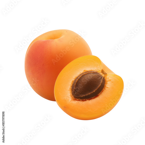 Whole peach with a cleanly cut half