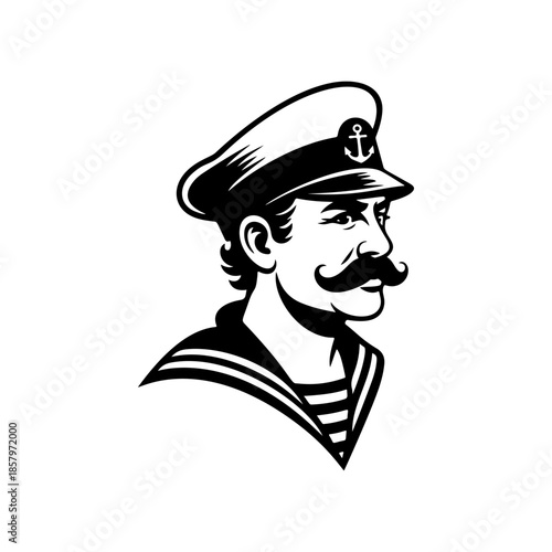 Classic sailor or captain portrait vector, featuring a nautical cap with an anchor and a handlebar mustache. Monochrome maritime mascot logo for vintage naval or sea adventure themes.