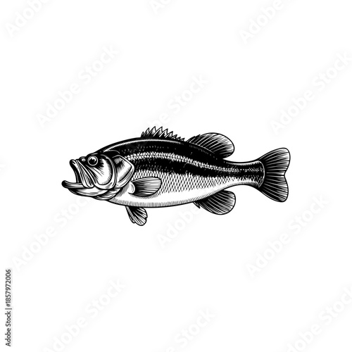 Detailed sea bass (or bass fish) vector graphic in woodcut or engraving style. Vintage fishing icon perfect for seafood logo, angling club emblem, or marine design.
