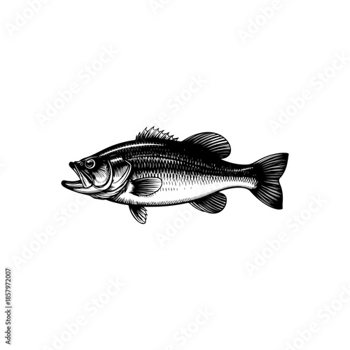 Detailed sea bass (or bass fish) vector graphic in woodcut or engraving style. Vintage fishing icon perfect for seafood logo, angling club emblem, or marine design.