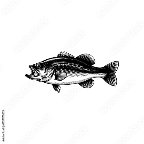 Detailed sea bass (or bass fish) vector graphic in woodcut or engraving style. Vintage fishing icon perfect for seafood logo, angling club emblem, or marine design.