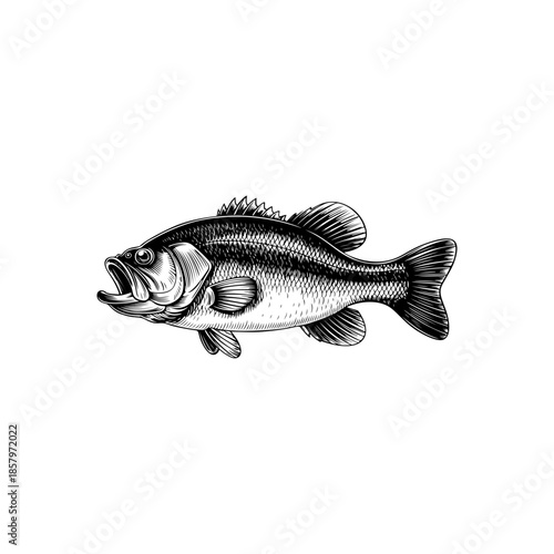 Detailed sea bass (or bass fish) vector graphic in woodcut or engraving style. Vintage fishing icon perfect for seafood logo, angling club emblem, or marine design.