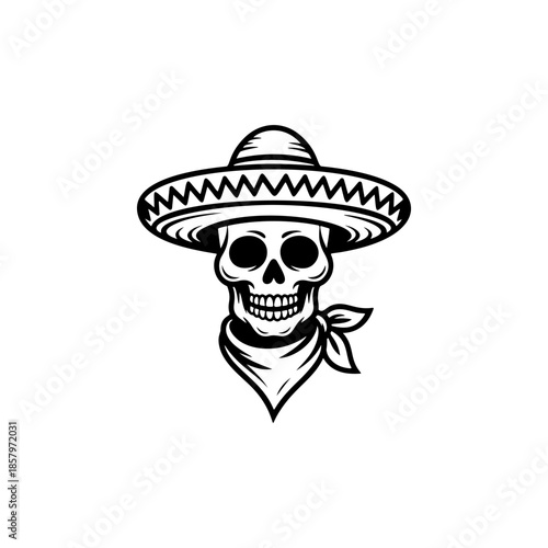 Skull mascot vector wearing a sombrero and a bandana. Monochromatic design perfect for Mexican culture, Day of the Dead, biker gang, criminal, or Western themed logos.