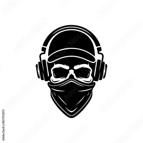 Urban skull vector wearing a baseball cap, headphones, and bandana mask. Aggressive monochromatic design for streetwear, graffiti art, DJ, gaming, or underground music logos.