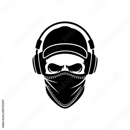 Urban skull vector wearing a baseball cap, headphones, and bandana mask. Aggressive monochromatic design for streetwear, graffiti art, DJ, gaming, or underground music logos.