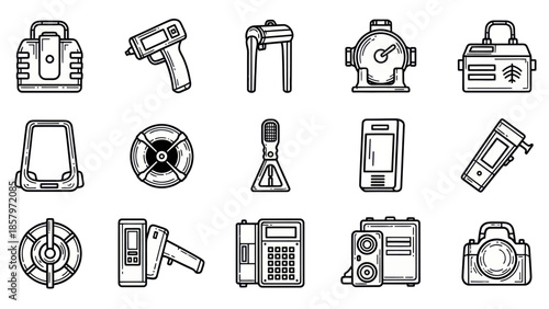 Collection of various industrial and electronic equipment vector illustrations