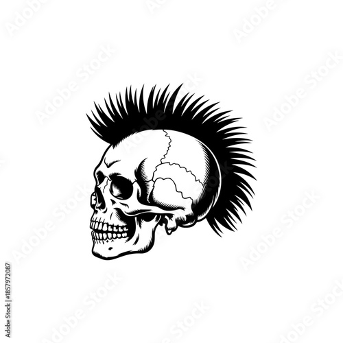 Side profile vector of a skull with a sharp mohawk haircut. Aggressive monochrome design perfect for punk rock band logo, biker tattoo, rebellious spirit, or club emblem.