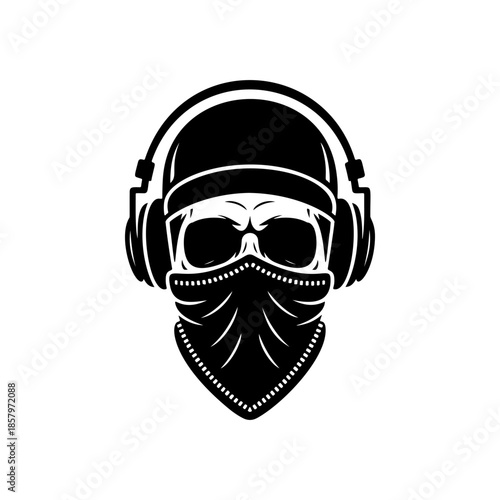 Urban skull vector wearing a baseball cap, headphones, and bandana mask. Aggressive monochromatic design for streetwear, graffiti art, DJ, gaming, or underground music logos.
