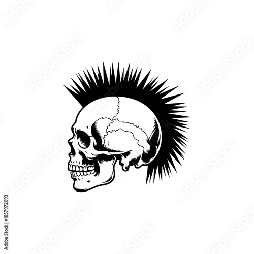 Side profile vector of a skull with a sharp mohawk haircut. Aggressive monochrome design perfect for punk rock band logo, biker tattoo, rebellious spirit, or club emblem.