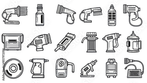 Collection of various industrial and construction tools isolated on white