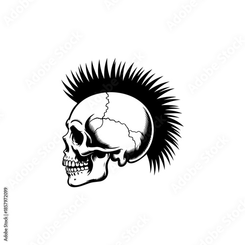 Side profile vector of a skull with a sharp mohawk haircut. Aggressive monochrome design perfect for punk rock band logo, biker tattoo, rebellious spirit, or club emblem.