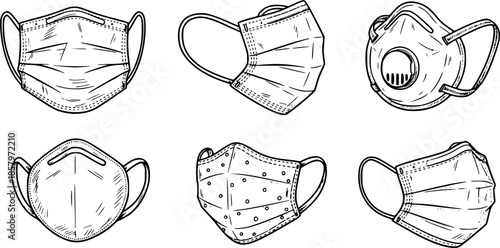  Sketch Medical face mask icon set. isolated on a white background vector.