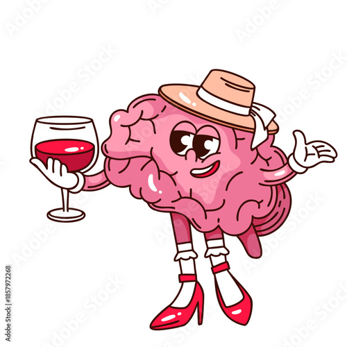 Stylish brain in hat and heels holding wine glass, symbolizing alcohol influence and lifestyle choice. Groovy cartoon doodle sticker of brain and drinking concept, outline vector illustration.