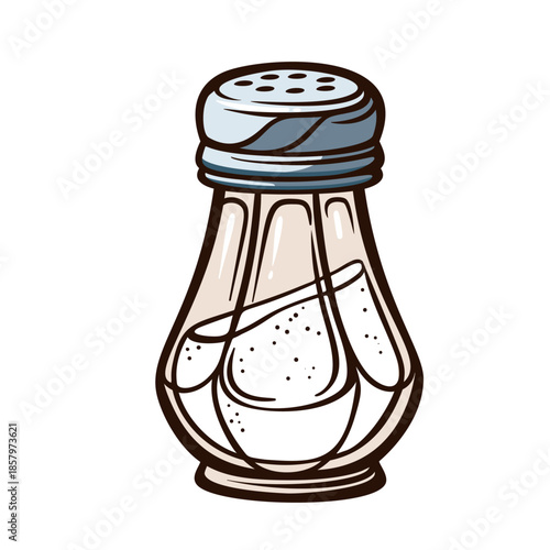 Glass salt shaker with metal lid and perforated top, classic kitchen seasoning container in vintage engraving style, detailed household kitchen element, monochrome line art, vector illustration