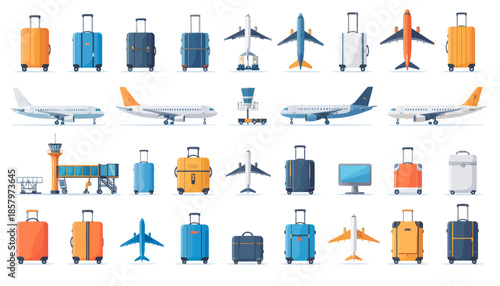 Collection of Suitcases and Airplanes in Various Colors.