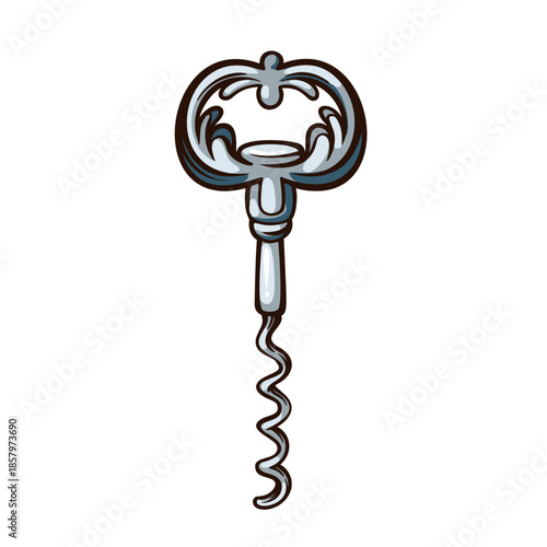 Classic metal wine corkscrew with spiral worm and ornate handle, traditional bottle opener in vintage engraving style, detailed kitchen accessory, monochrome line art, vector illustration.
