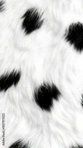 A close up of a white and black animal fur. The fur is very fuzzy and has many black spots