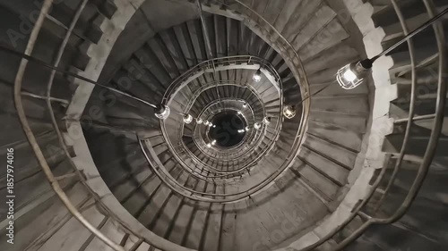 Hypnotic Rotating Top-Down View of Infinite Brutalist Concrete Spiral Staircase Abyss