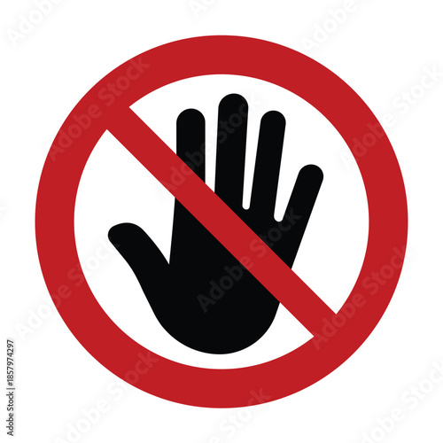 Universal No Entry Prohibitory Symbol with Red Circle Slash and Black Stop Hand Gesture Icon for Safety Signage Access Control and Restricted Area Compliance - High Vectorial Stock Image