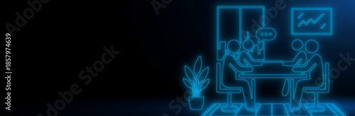 The Future of Digital Workspace, Neon Corporate Connectivity, Modern Cybernetic Office Layout