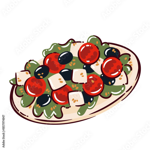 Greek salad with tomatoes, feta cheese, black olives and lettuce on a plate, traditional Mediterranean dish, cartoon doodle style travel to Greece food symbol, vector illustration.