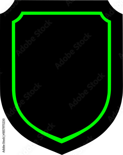 Minimalist black shield with vibrant green neon outline for security protection eco friendly defense icon safety symbol isolated graphic element for website design and brand identity.