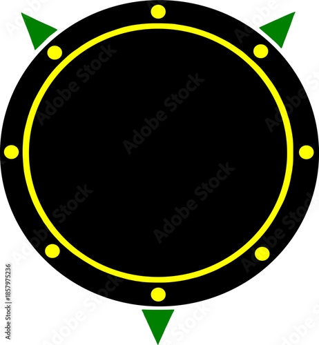 Navigational circular shield with green triangle markers and yellow dot rivets for tactical tracking interface security protection icon radar element for map application and gaming ui.